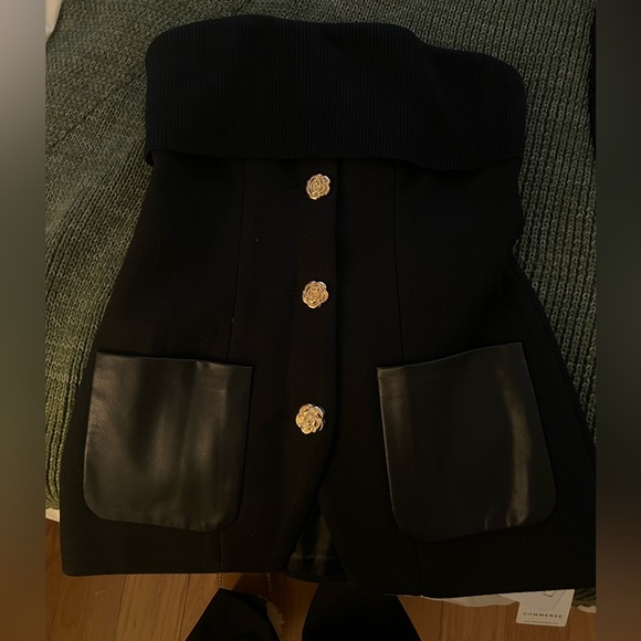 Commense Tops - Black Strapless Knit & Leather Top with Gold Buttons